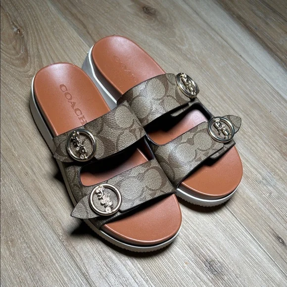 Coach Brown Slide Sandals with Gold Accents - Picture 2 of 3